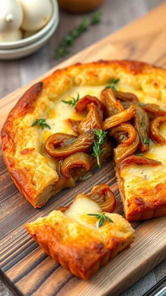 A golden caramelized onion and Gruyere tart with a flaky crust and melted cheese, served on a wooden board.